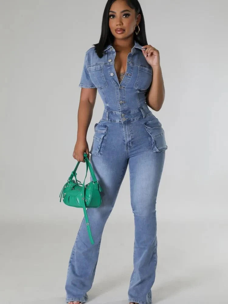 JRRY women's denim jumpsuit with short sleeves, turn-down collar, buttons, pockets, and flared pants from Showlu Fashion.