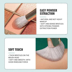 A makeup brush with soft, dense bristles shown picking up powder and touching skin.