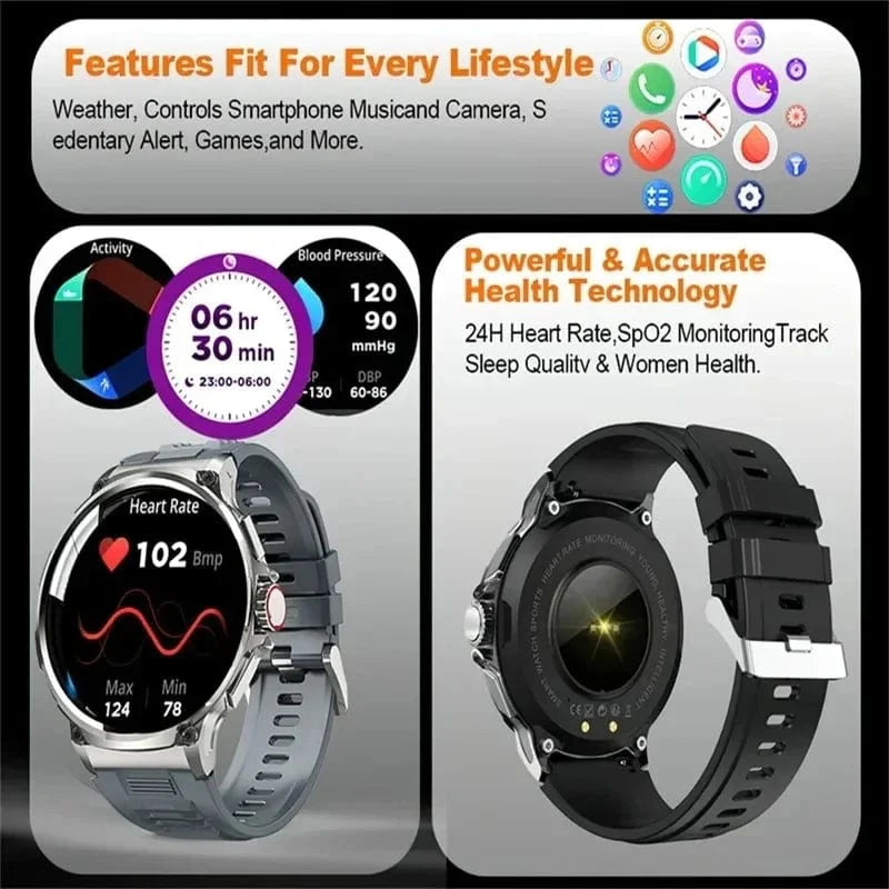 KAVSUMI Smart Watch with 1.85-inch HD display, Bluetooth call, fitness tracker, heart monitor, and 710mAh battery for Android and iOS.