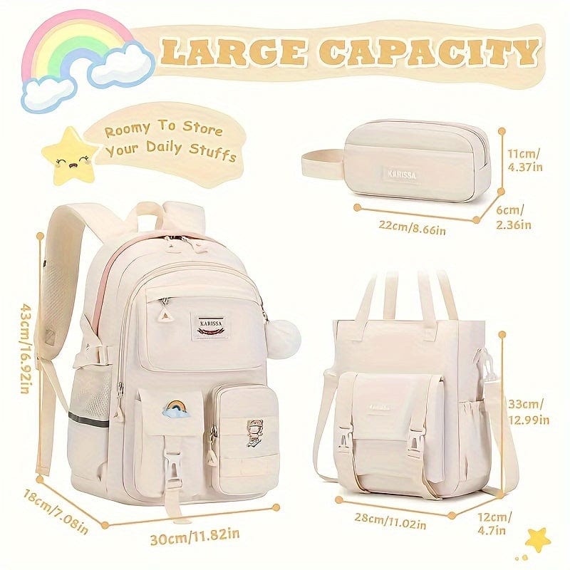 Showlu Kawaii School Backpack Set with convertible shoulder tote, featuring multiple pockets, designed for girls' school use.