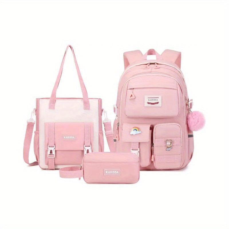 Showlu Kawaii School Backpack Set with convertible shoulder tote, featuring colorful nylon design, multiple pockets for girls' school supplies