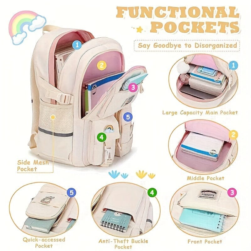 Showlu Kawaii School Backpack Set with convertible shoulder tote, featuring multiple pockets and cute design, ideal for girls' school use