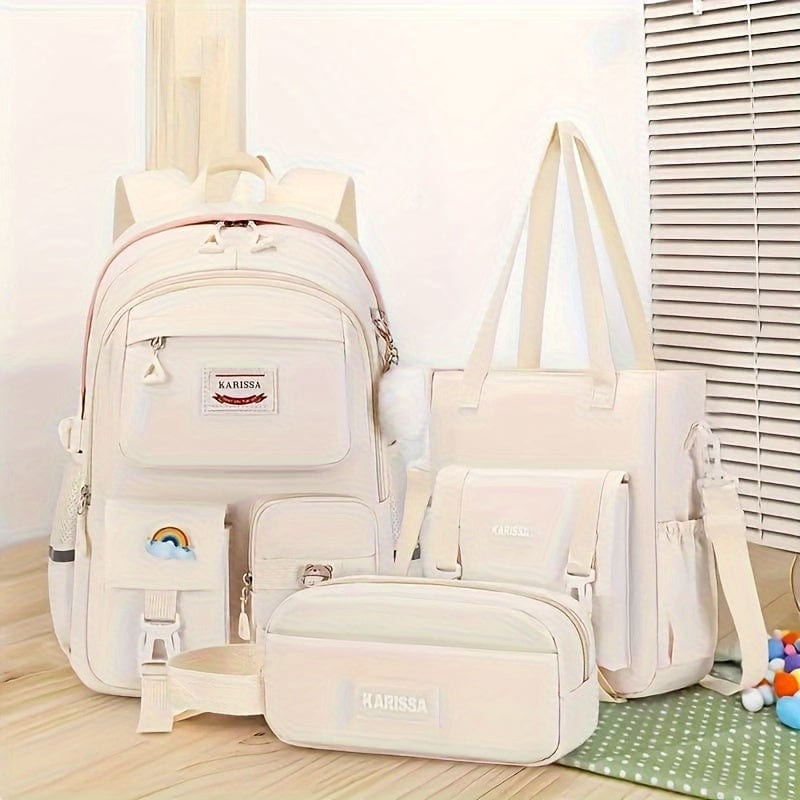 Showlu Kawaii School Backpack Set with convertible shoulder tote, featuring multiple pockets, made of nylon for girls’ school use.