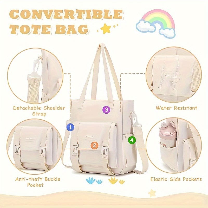 Kawaii Showlu school backpack set with convertible shoulder tote bag, multi-pocket nylon tote for girls, suitable for elementary to high school.