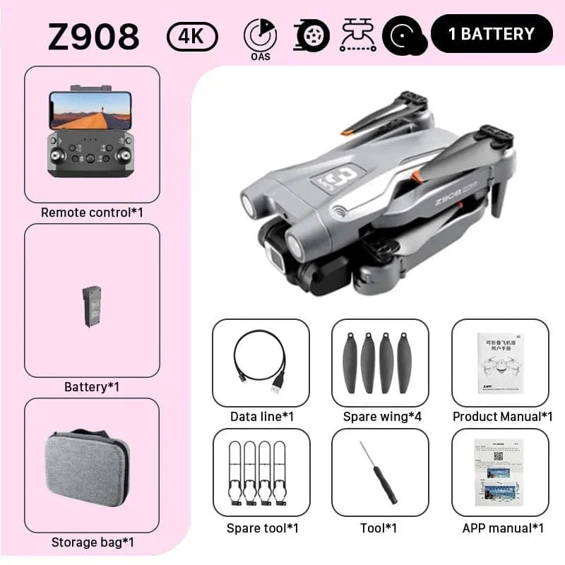 KBDFA Z908 Pro Max drone with 4K UHD camera, brushless motors, Wi-Fi FPV, obstacle avoidance, four-axis folding quadcopter.