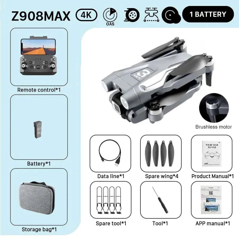 KBDFA Z908 Pro Max Drone with 4K UHD camera, brushless motors, folding design, Wi-Fi FPV, obstacle avoidance, RC quadcopter.