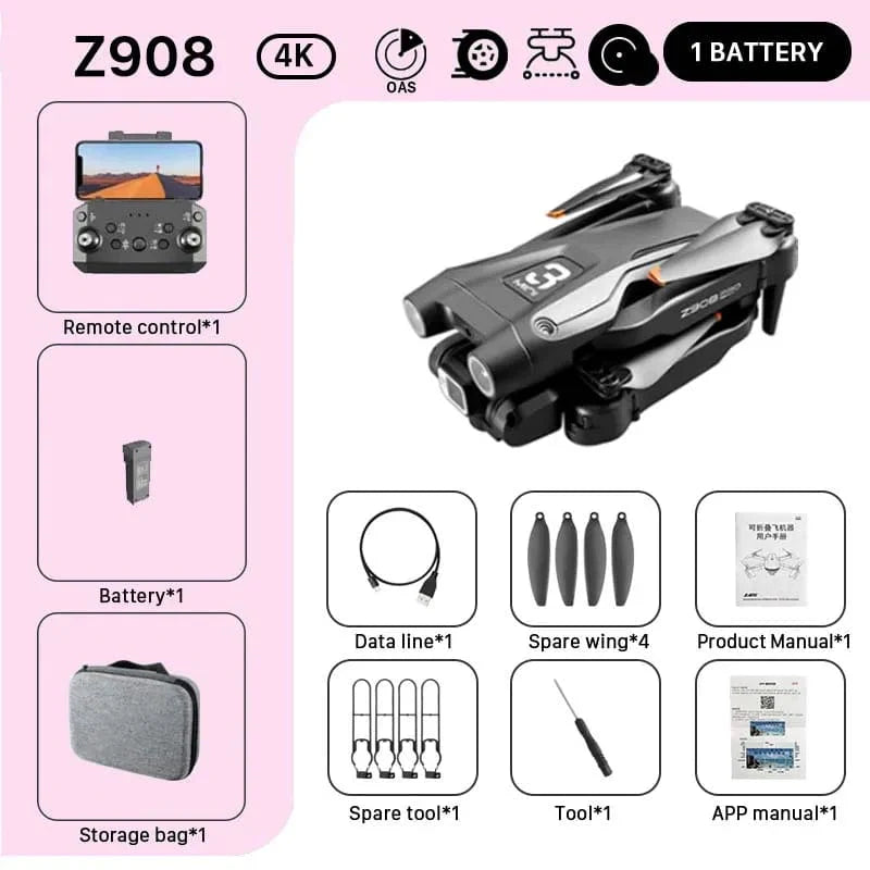 KBDFA Z908 Pro Max drone with 4K UHD camera, brushless motors, Wi-Fi FPV, obstacle avoidance, and folding design.