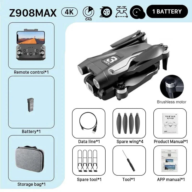 KBDFA Z908 Pro Max drone with 4K UHD camera, brushless motors, WiFi FPV, obstacle avoidance, folding quadcopter toy.
