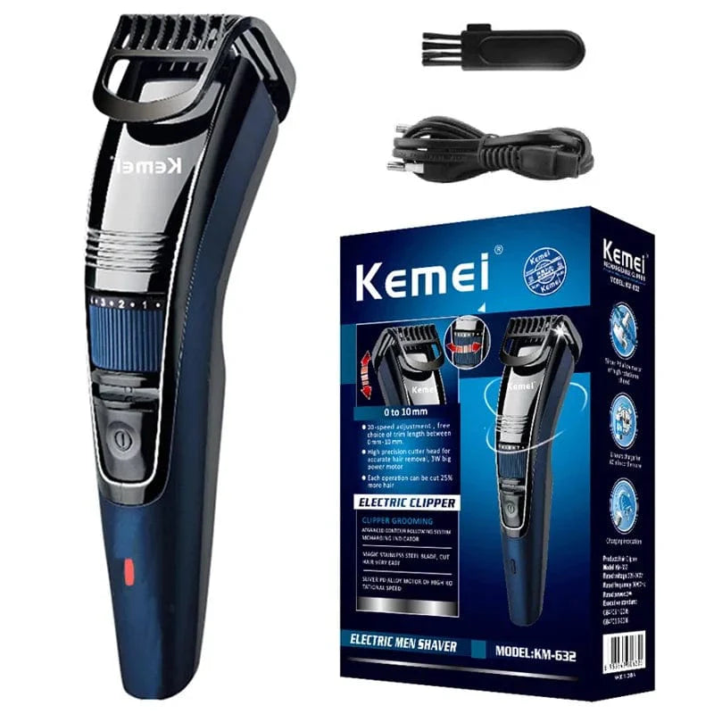 Kemei 632 cordless beard and hair trimmer with adjustable 0.5-10mm length, rechargeable men's grooming clipper and face hair cutter.