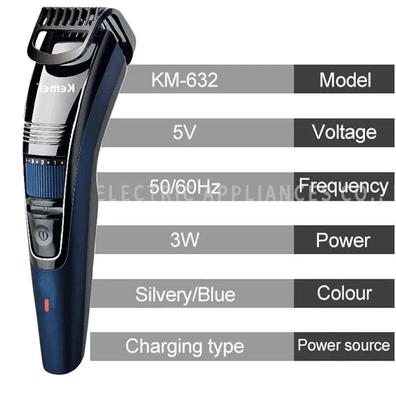 Kemei 632 cordless beard and hair trimmer with adjustable 0.5-10mm blade for men’s grooming and face hair cutting.