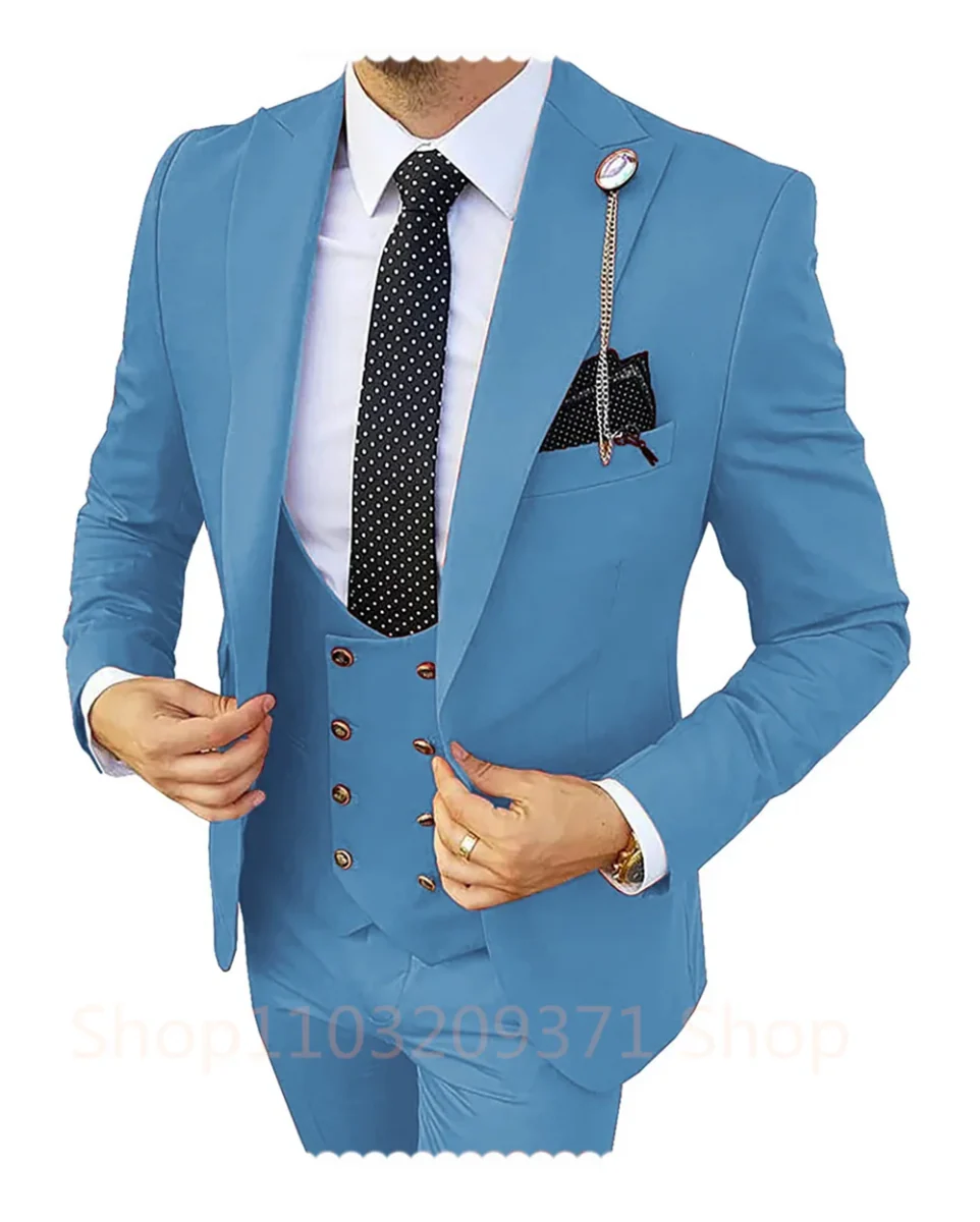Khaki men's 3-piece slim fit suit with peaked lapel, blazer, vest, and pants, ideal for formal weddings or business occasions.