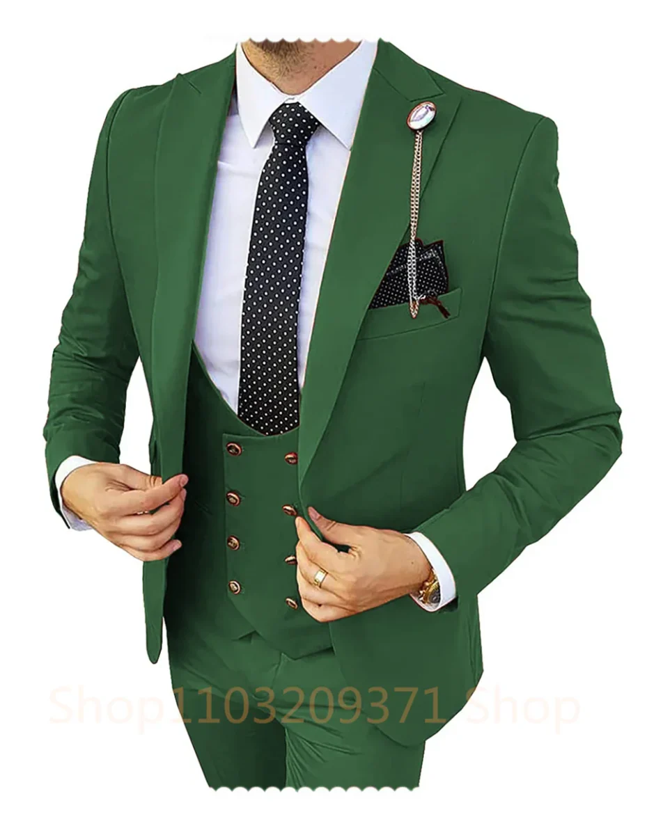 SHOWLU men's khaki 3-piece slim fit suit with peaked lapel, blazer, vest, and pants, ideal for formal, wedding, or business occasions.