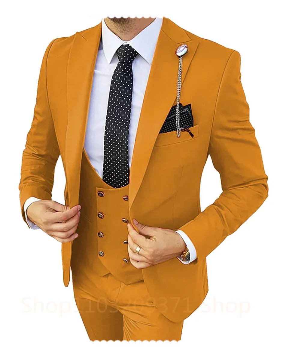 SHOWLU men's khaki 3-piece slim fit suit with peaked lapel, blazer, vest, and pants, ideal for formal weddings and business events.