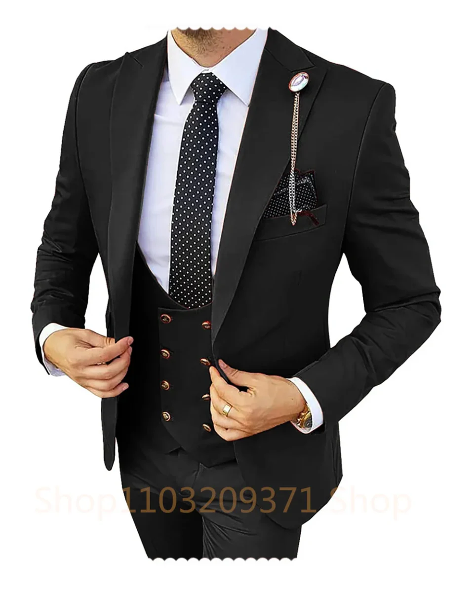 SHOWLU Khaki men's 3-piece slim fit suit with peaked lapel, blazer, vest, and pants, ideal for formal weddings and business occasions.