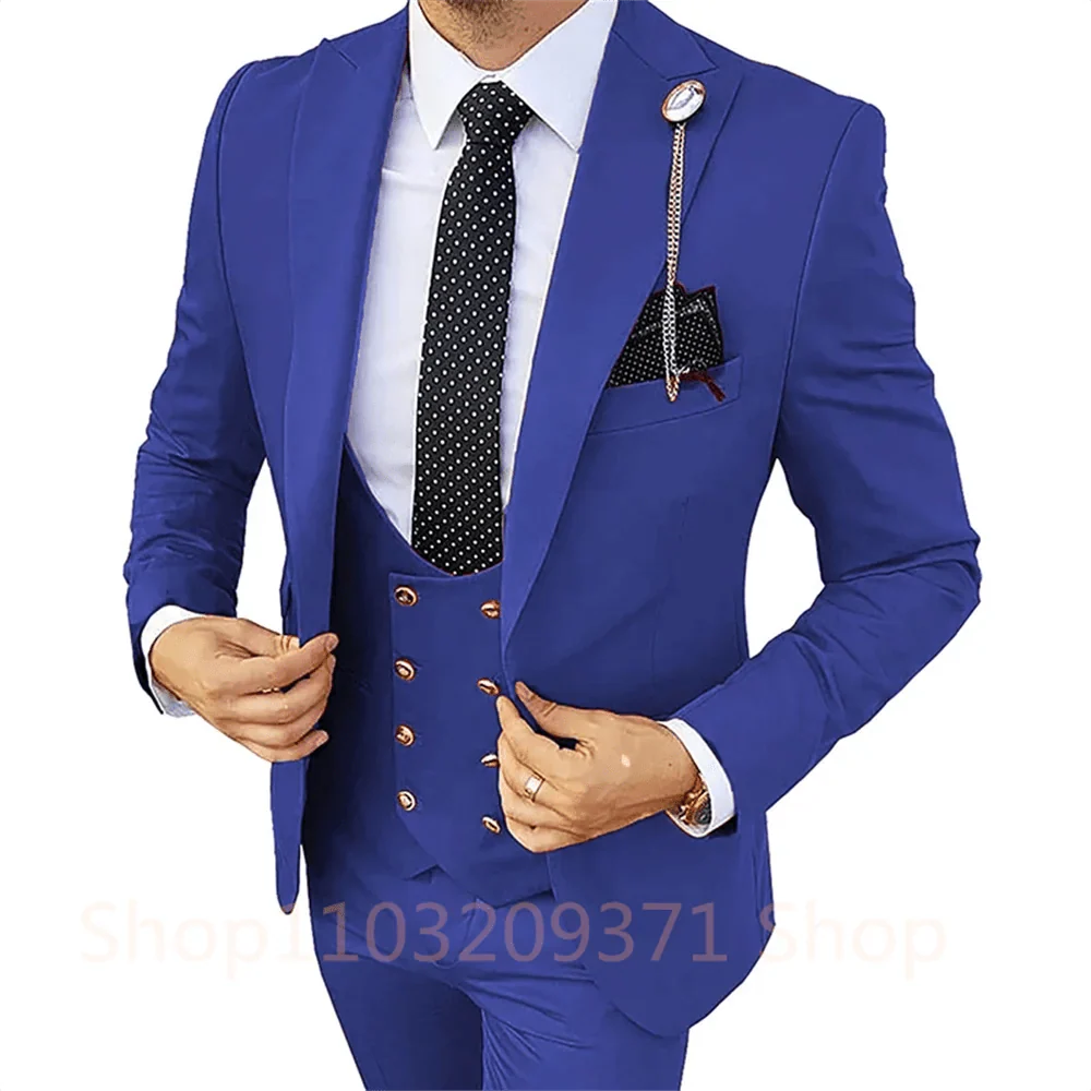 SHOWLU men's khaki 3-piece slim fit suit with peaked lapel, blazer, vest, and pants, ideal for formal weddings or business occasions.