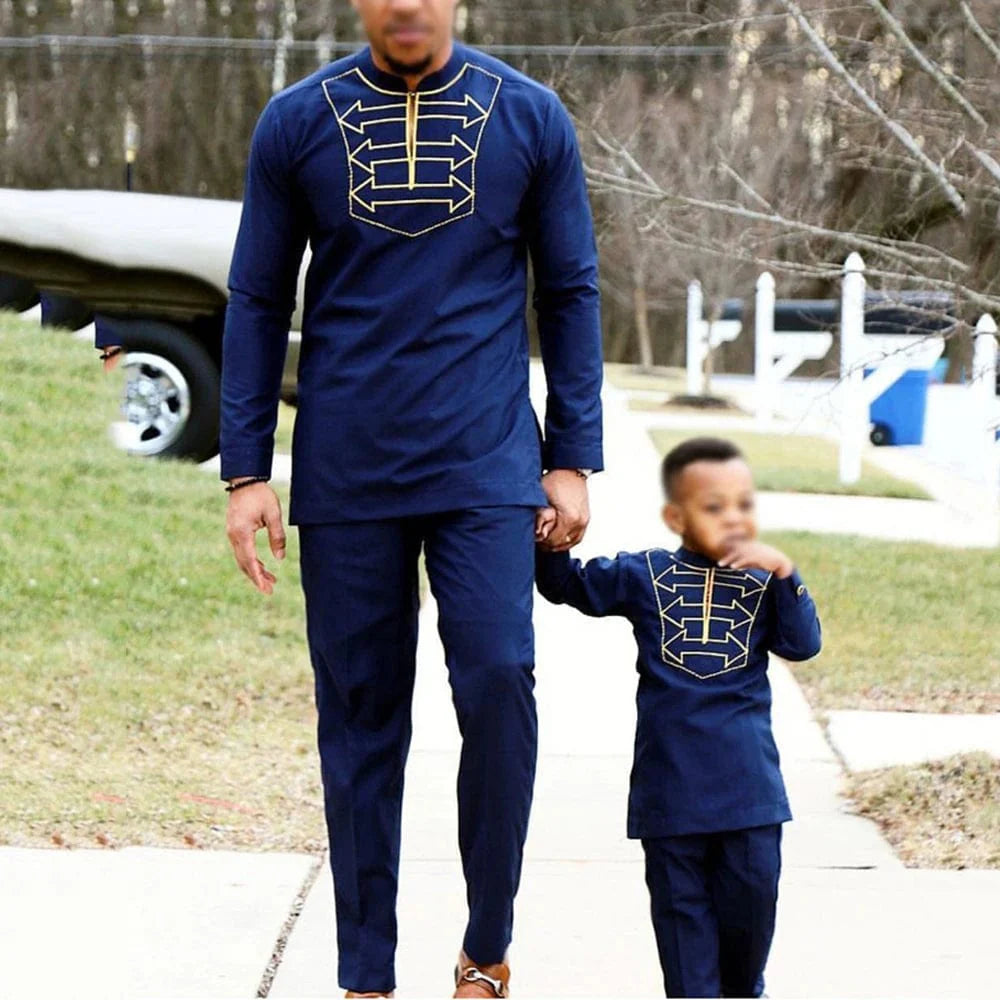 H&D Boys African Dashiki suit with long sleeve embroidery shirt and matching pants, traditional colorful children's clothing.