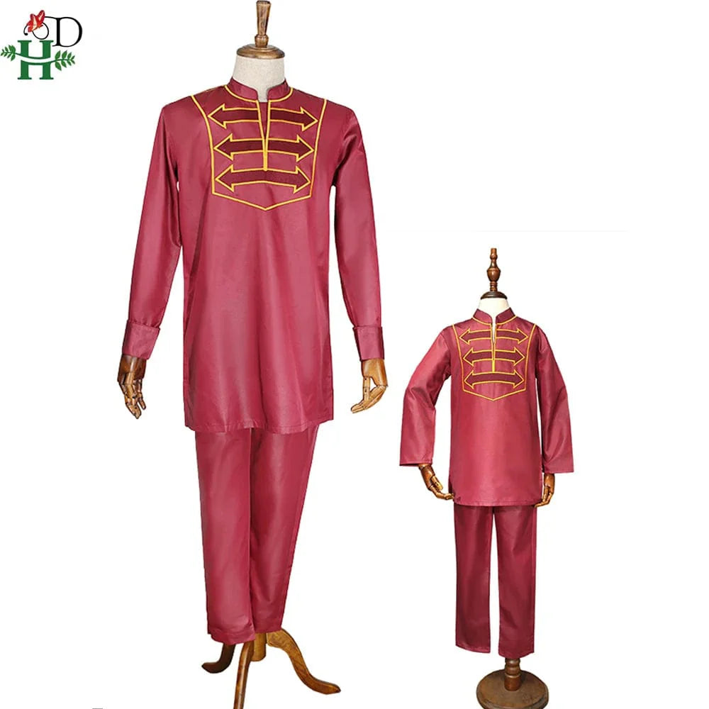 H&D Boys African Dashiki suit with long sleeve embroidered shirt and matching pants, traditional African children's clothing.