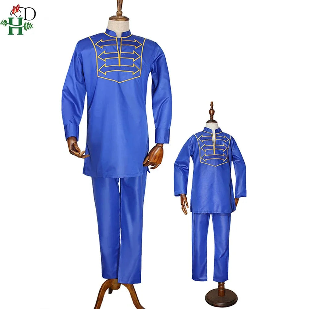 H&D Boys African Dashiki suit with long sleeve embroidery shirt and matching pants, stylish traditional children's clothing for parties