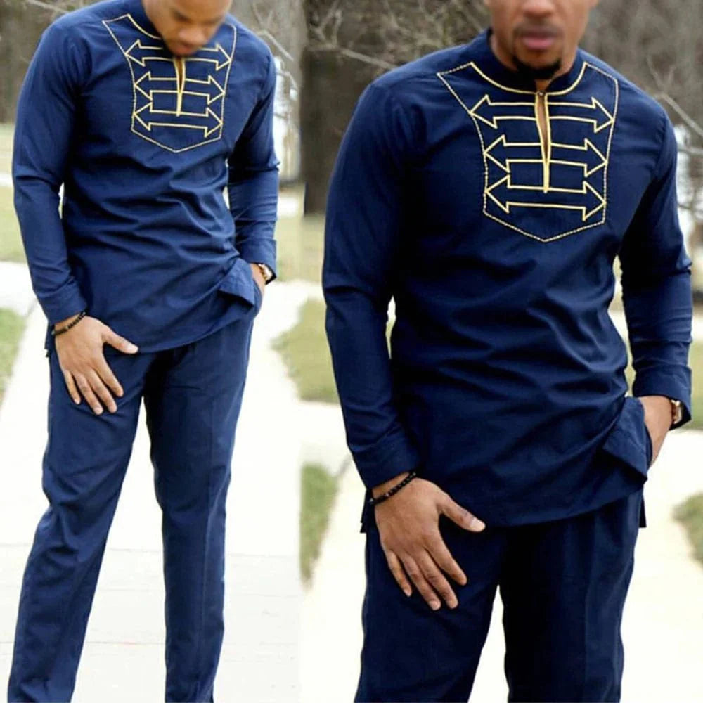 H&D Boys African Dashiki suit with long sleeve embroidered shirt and matching pants, vibrant traditional children's clothing.
