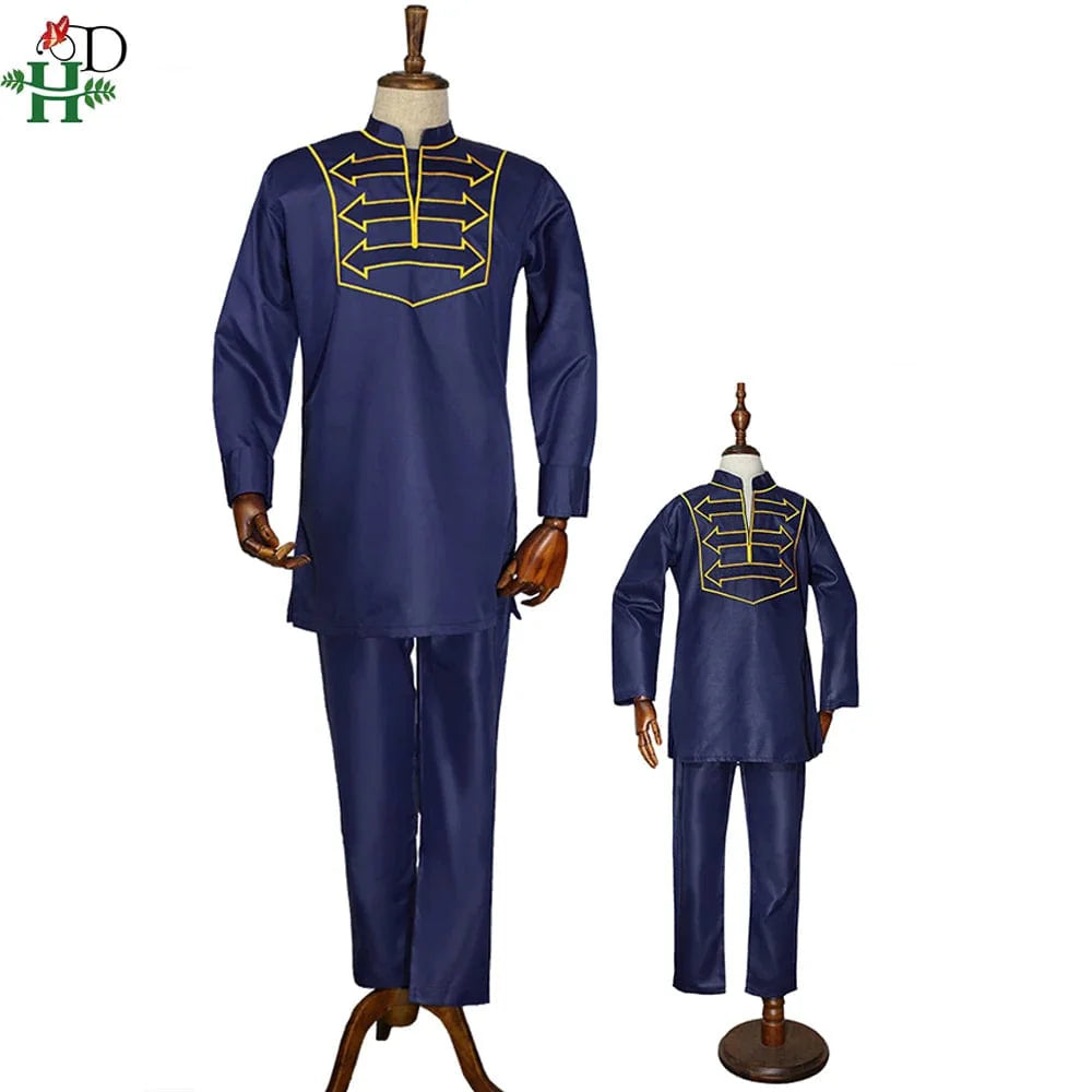 H&D Boys African Dashiki suit with long sleeve embroidered shirt and matching pants, traditional colorful African clothing for children