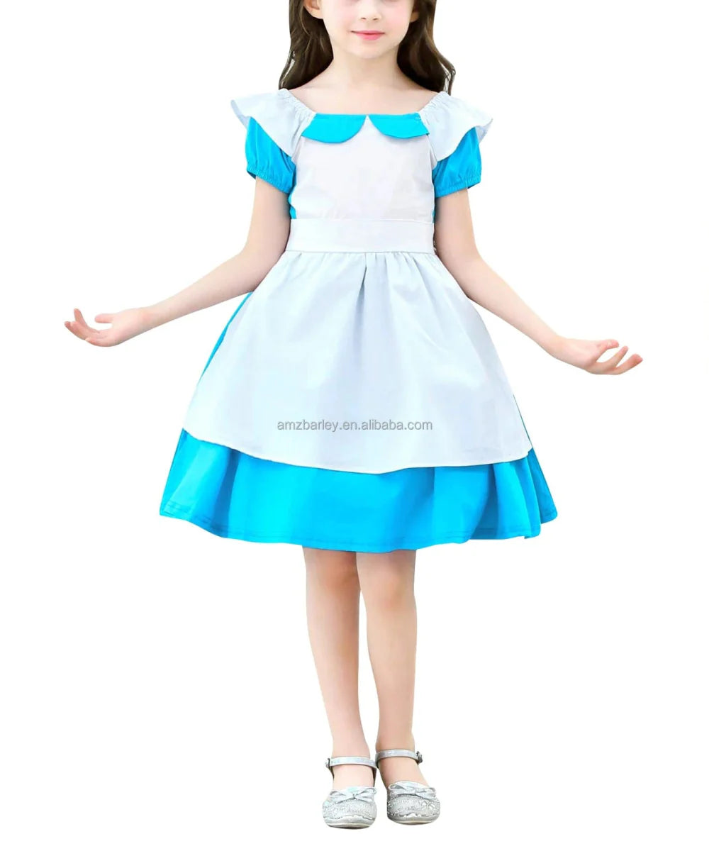 Girls Alice in Wonderland cosplay costume featuring princess dress and accessories, perfect for parties, Halloween, and cosplay events.