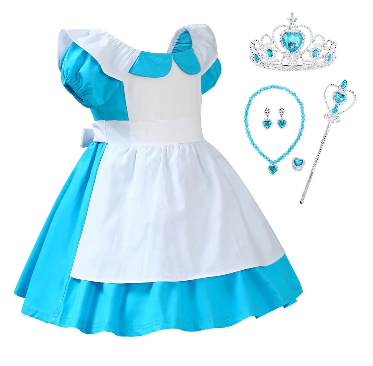 Alice in Wonderland girls cosplay costume featuring a princess dress with accessories, perfect for Halloween, parties, and dress-up.