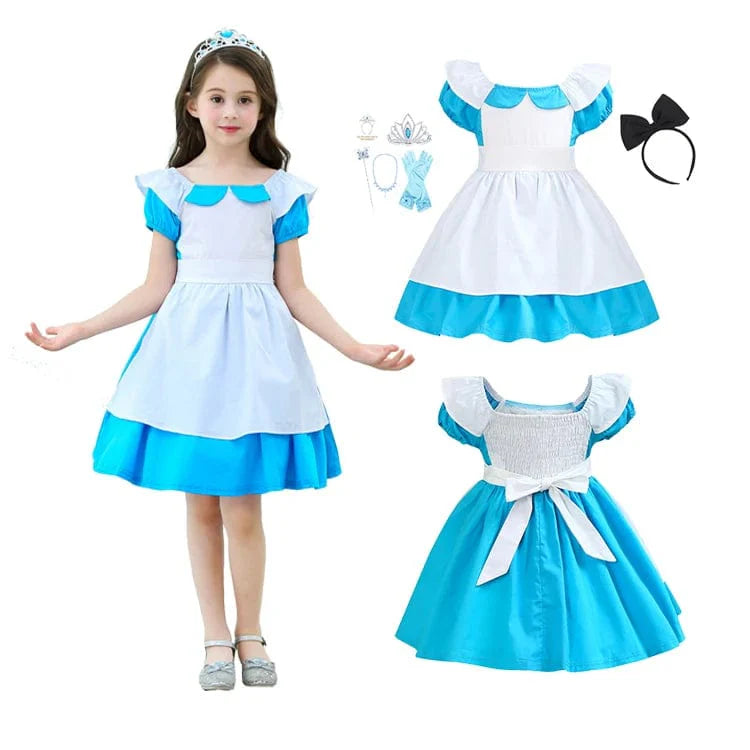 Little girl in Alice in Wonderland cosplay costume with princess dress and accessories, perfect for Halloween or costume parties.