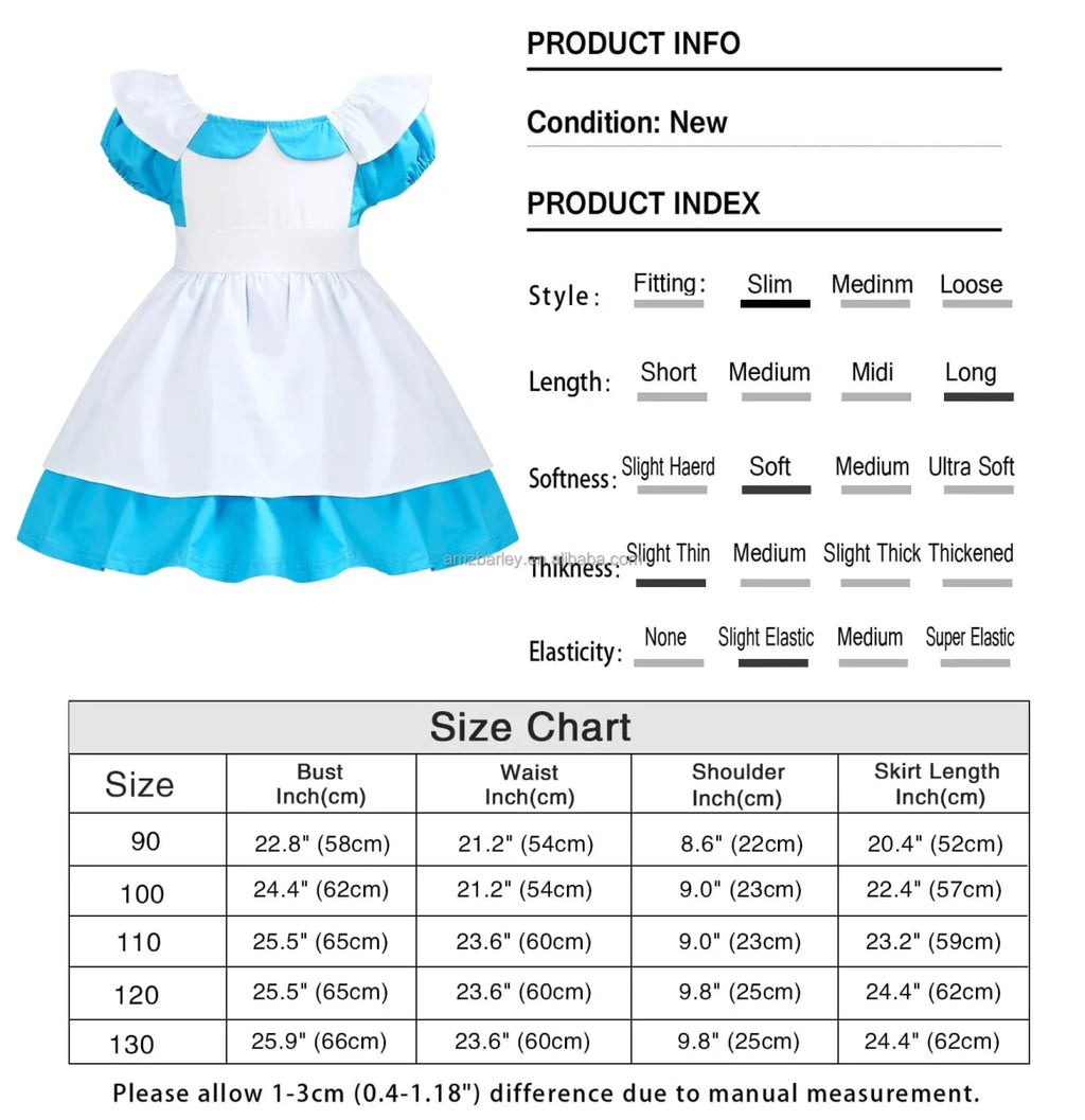 Alice in Wonderland girls cosplay costume featuring a princess dress with accessories, perfect for Halloween, parties, and dress-up.