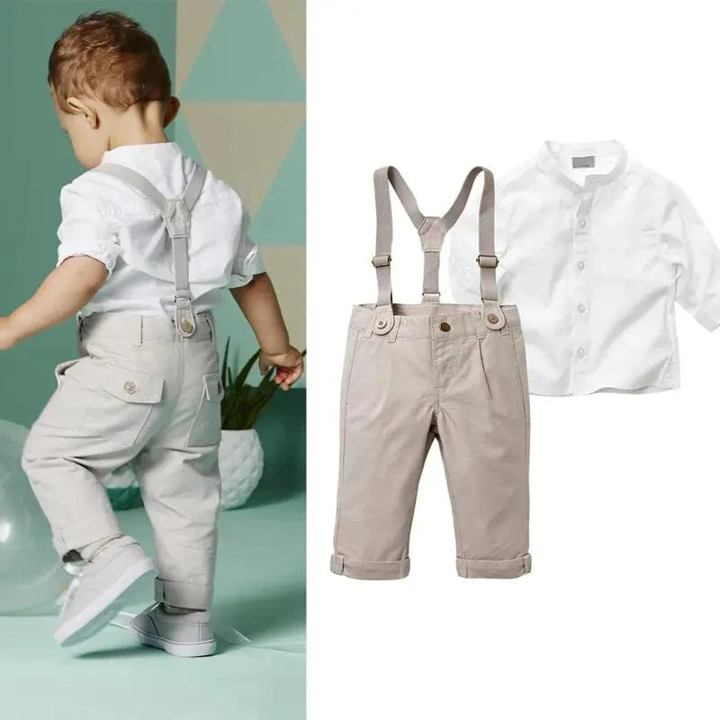 Bobora boys formal suit by Showlu Fashion with cotton shirt and bib pants, perfect for weddings and special occasions.