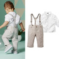 Bobora boys formal suit by Showlu Fashion with cotton shirt and bib pants, perfect for weddings and special occasions.