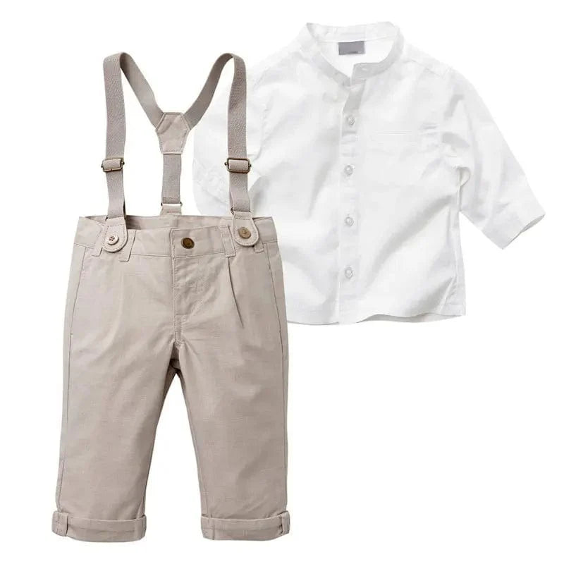 Bobora boys formal suit with cotton shirt and bib pants set for weddings, perfect for toddlers' special occasions and parties.