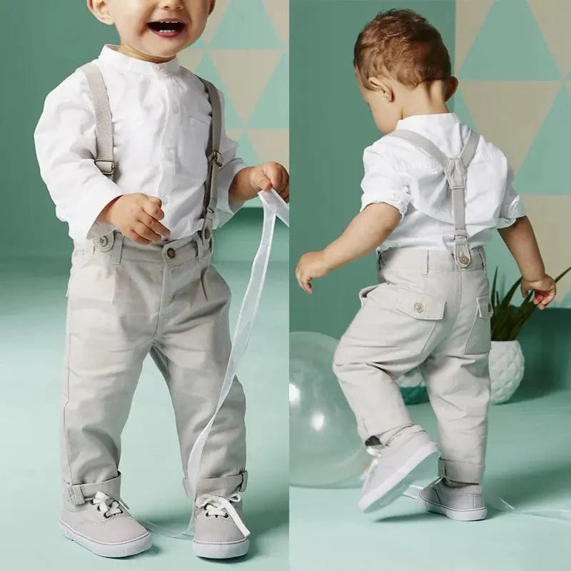 Bobora boys formal suit with cotton shirt and bib pants, perfect for weddings and special occasions, shown on a young child.
