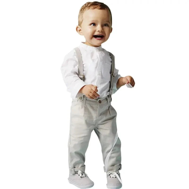 Bobora boys' formal suit by Showlu Fashion with cotton shirt and bib pants, perfect for weddings and special occasions.