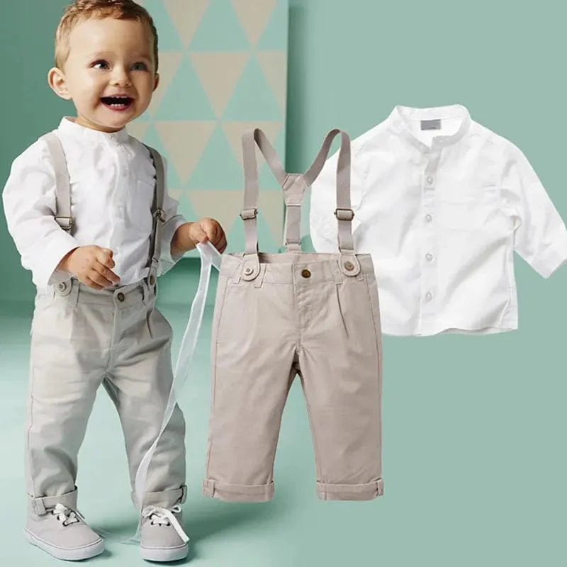 Bobora boys' formal suit from Showlu Fashion Store, includes cotton shirt and bib pants, perfect for weddings and special occasions.