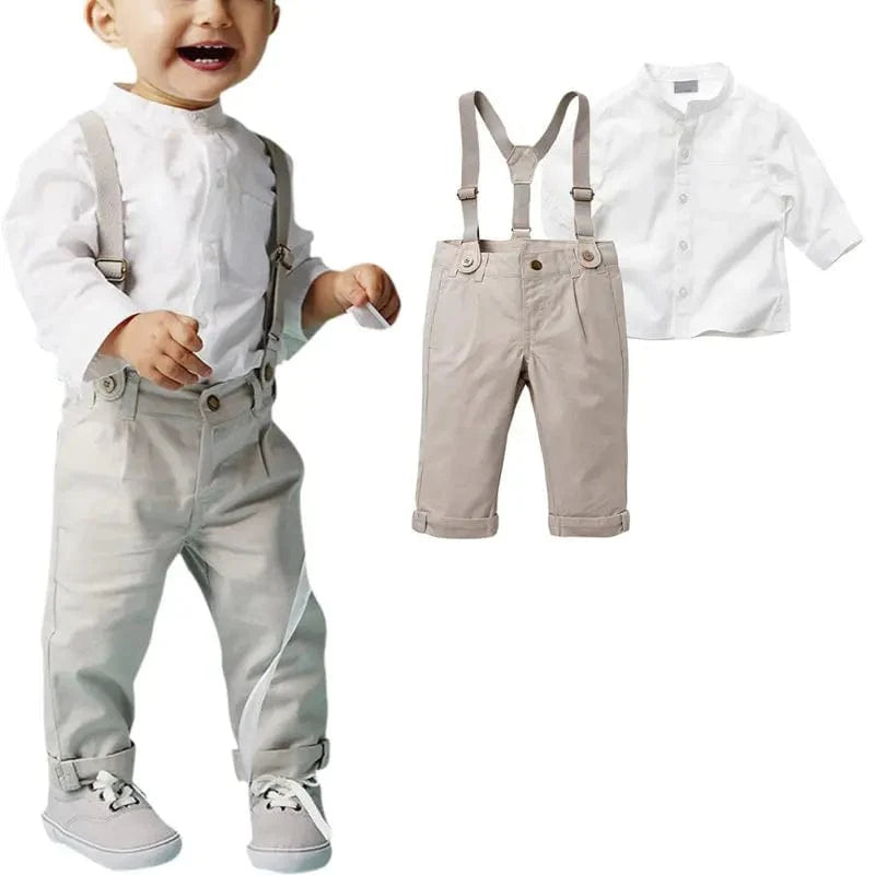 Bobora Boys formal suit by Showlu Fashion Store, featuring a cotton shirt and bib pants set for weddings and special occasions.