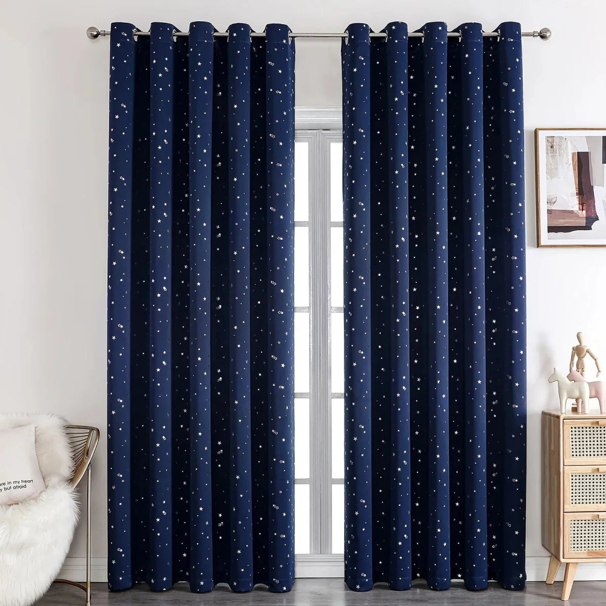 Showlu Kids blackout curtains with star pattern, grommet top window drapes for bedroom or living room, designed for children’s rooms.