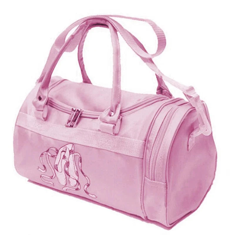 Pink lace ballet duffel bag for girls with crossbody strap, embroidered name, ideal for dance classes, by Showlu Fashion Store.