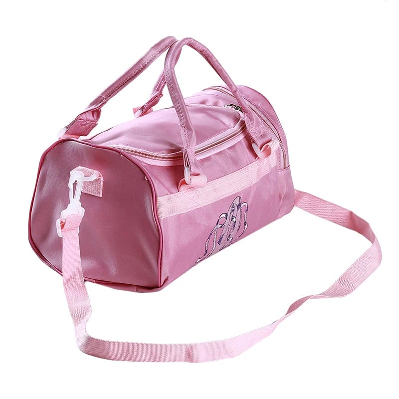 Pink lace ballet duffel bag for girls by Showlu Fashion, featuring embroidery and a crossbody strap for dance classes.