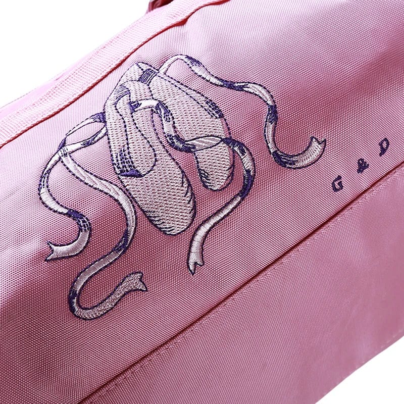 Pink lace ballet duffel bag for girls by Showlu Fashion, featuring embroidery and a crossbody strap for dance or ballet classes.