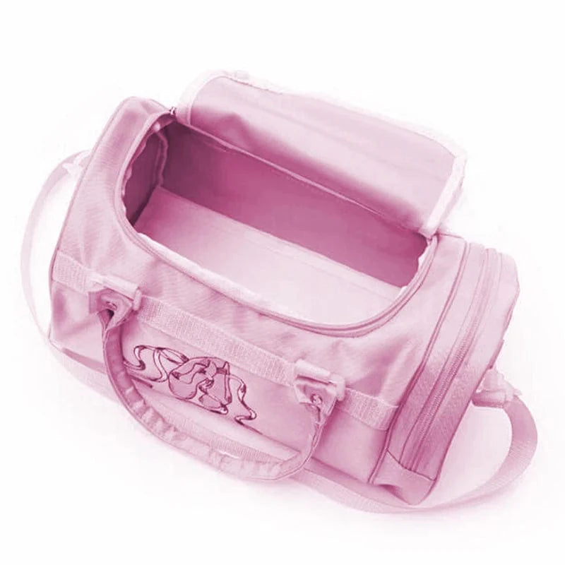 Showlu Girls pink lace ballet duffel bag with crossbody strap and embroidered name, ideal for dance and ballet classes.