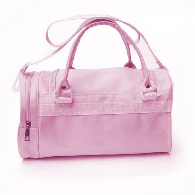 Pink lace ballet duffel bag for girls with embroidery, canvas crossbody design, ideal for dance classes and ballet accessories.