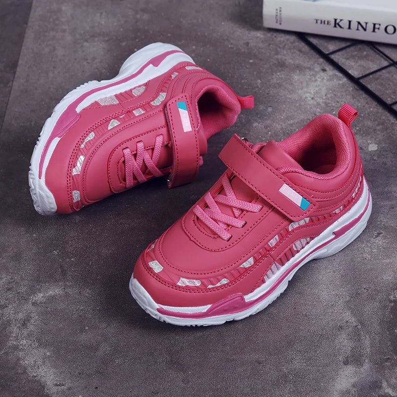 Showlu girls' leather platform sneakers in pink and purple with lightweight design, ideal for running and sports.