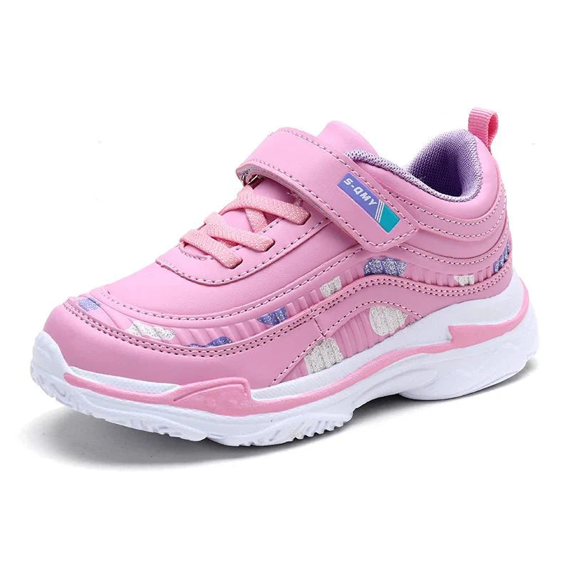 Showlu girls' leather platform sneakers in pink and purple, lightweight running shoes with sporty design for children.