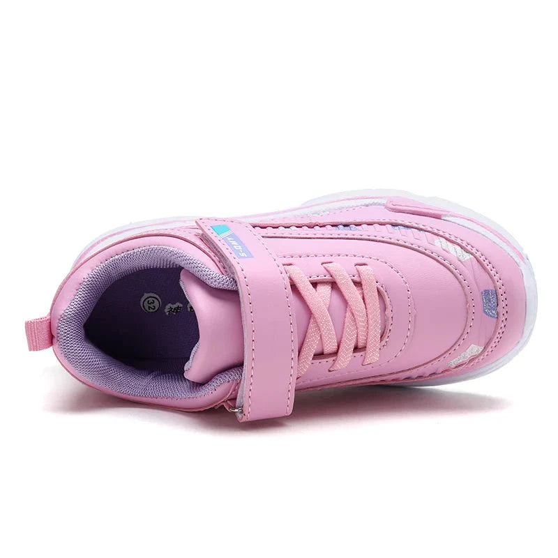 Pink and purple Showlu Girls Leather Platform Sneakers, lightweight kids' running and sports shoes with trendy design.