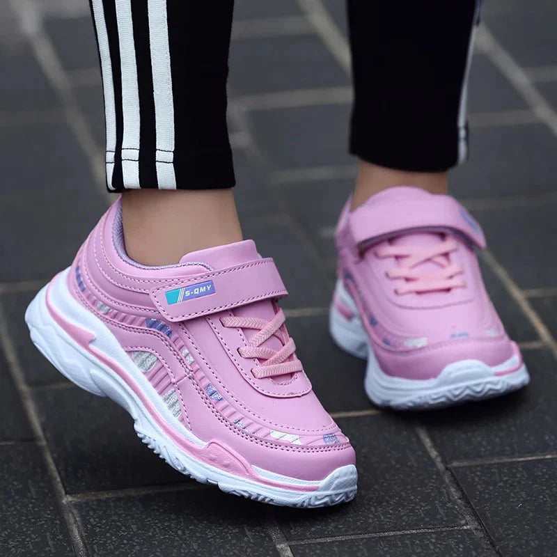 Showlu girls' leather platform sneakers in pink and purple, lightweight running shoes for kids with sporty design and comfortable fit.