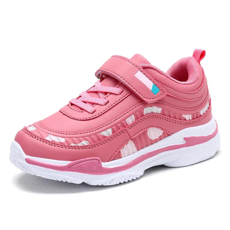 Showlu girls' leather platform sneakers in pink and purple, lightweight running shoes with sporty design for children.