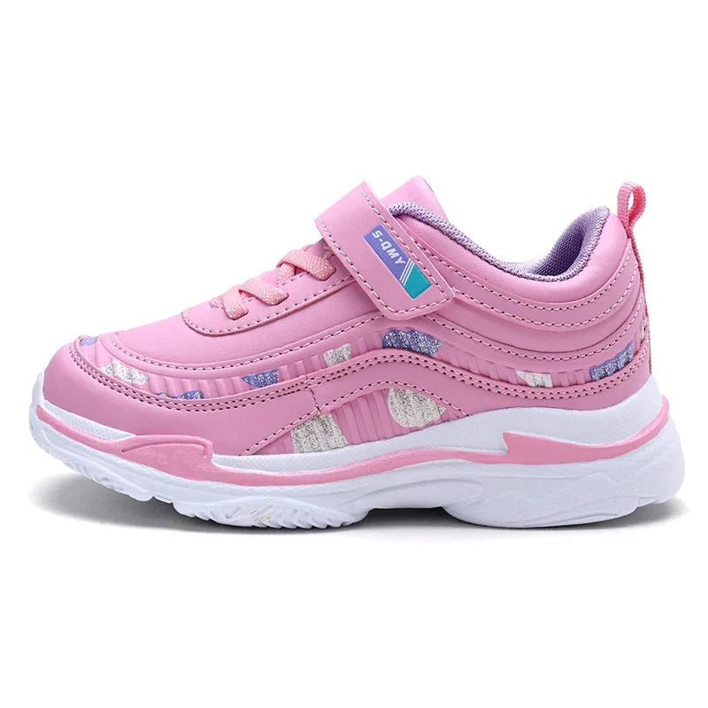Showlu girls' leather platform sneakers in pink and purple, lightweight running sports shoes for kids with stylish design.