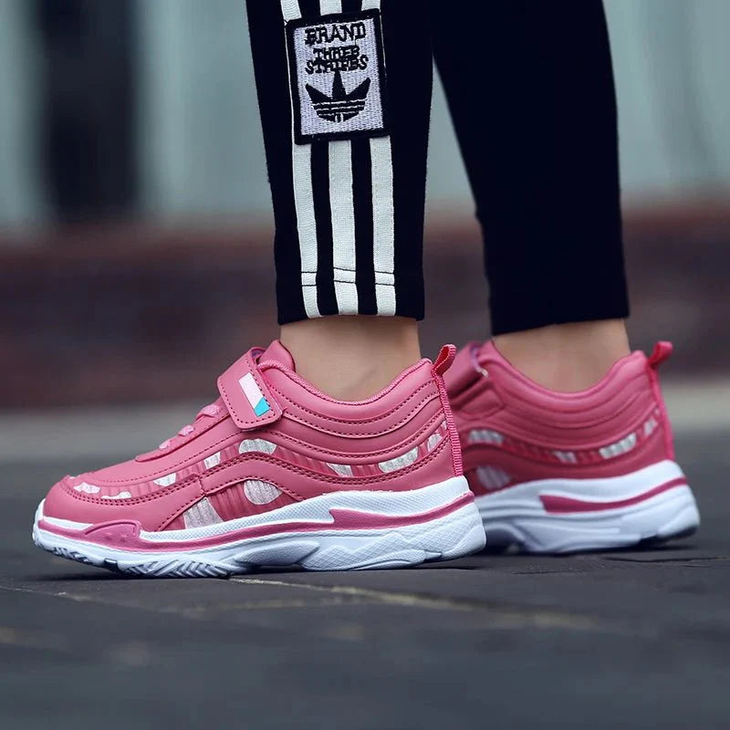 Showlu girls' leather platform sneakers in pink and purple, lightweight running shoes with sporty design for children.