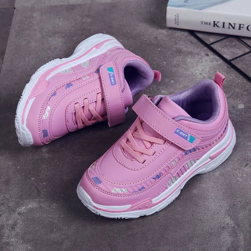 Showlu girls' leather platform sneakers in pink and purple, lightweight running shoes with sporty design for kids.
