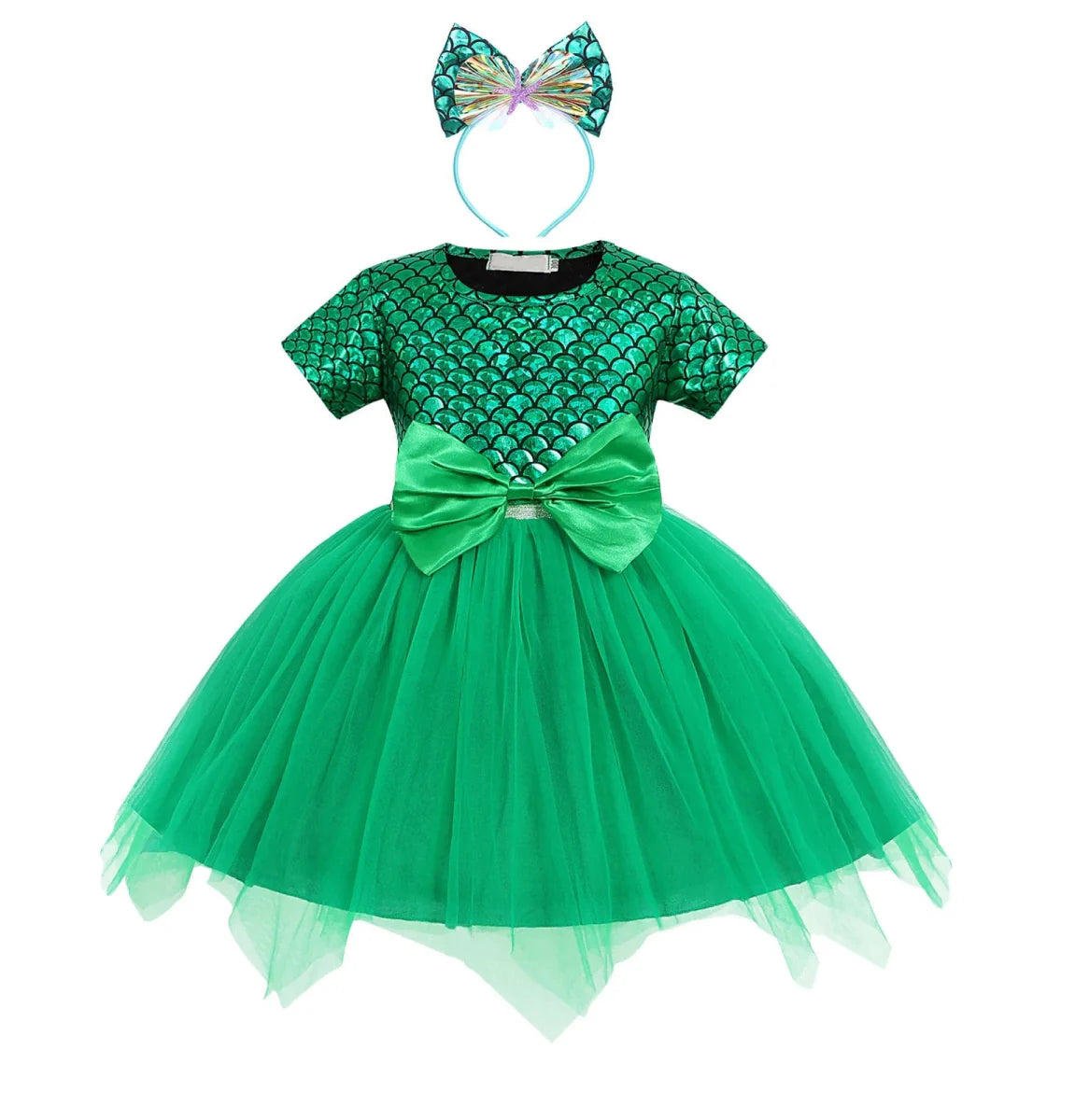 Green mermaid princess tulle dress for girls, featuring floral accents and a bow, perfect for kids' fancy parties and special occasions.